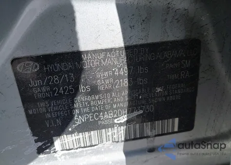 2013 Hyundai Sonata Se 2.0T из США, поврежденный, VIN 5NPEC4AB2DH773730